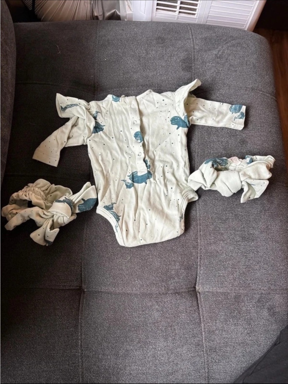 kate quinn Cream Long-Sleeve One-Piece Blue Whale Print matching onesie and band